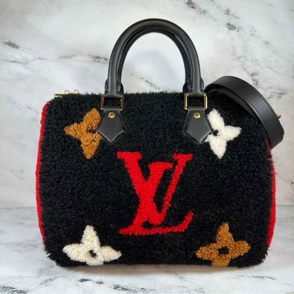 Louis Vuitton Teddy Speedy 25 red/black Monogram Shearling Bandouliere LV Bag - Picture 1 of 16